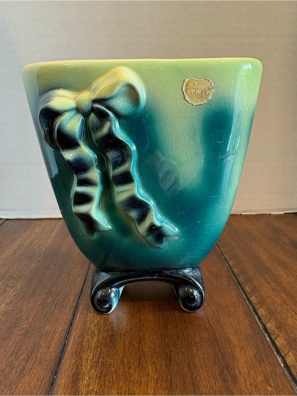 Vintage Royal Copley Ribbon & Bow Vase W/Green & Teal Glaze Raised Bow